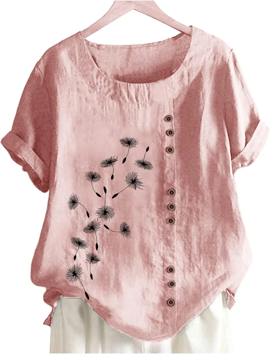Summer Women Cotton Linen Tshirt Tops Casual Loose Fit Trendy Tunic Tees Short Sleeve Plus Size Button Blouses