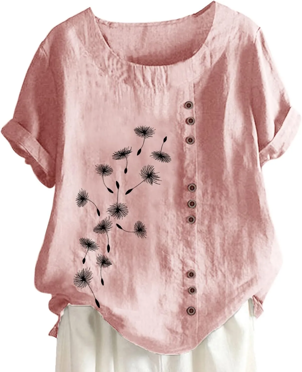 Summer Women Cotton Linen Tshirt Tops Casual Loose Fit Trendy Tunic Tees Short Sleeve Plus Size Button Blouses