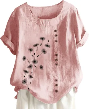 Summer Women Cotton Linen Tshirt Tops Casual Loose Fit Trendy Tunic Tees Short Sleeve Plus Size Button Blouses