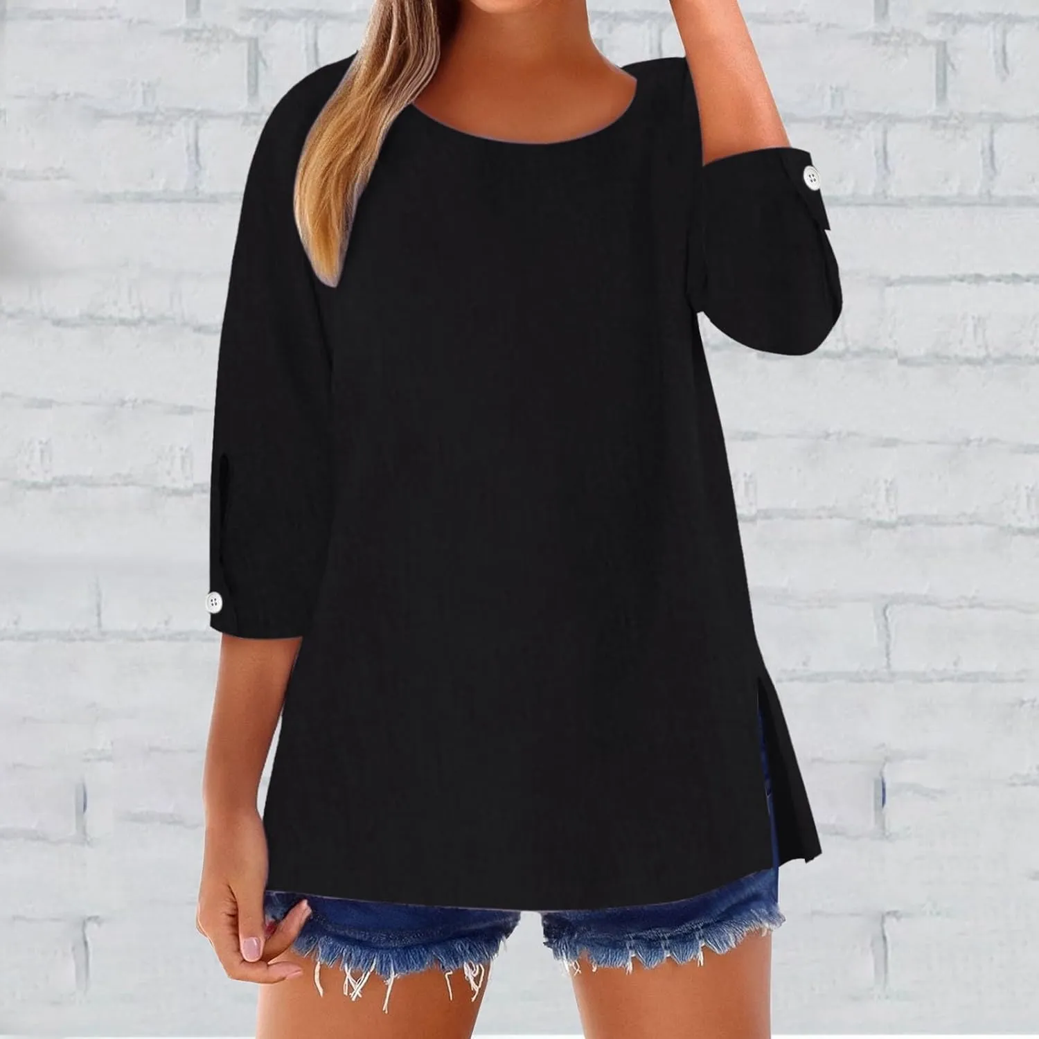 Summer Womens Linen Shirts Solid Color Casual 3/4 Sleeve Loose Tops Beach Vacation Daily Blouses for Women Dressy Casual