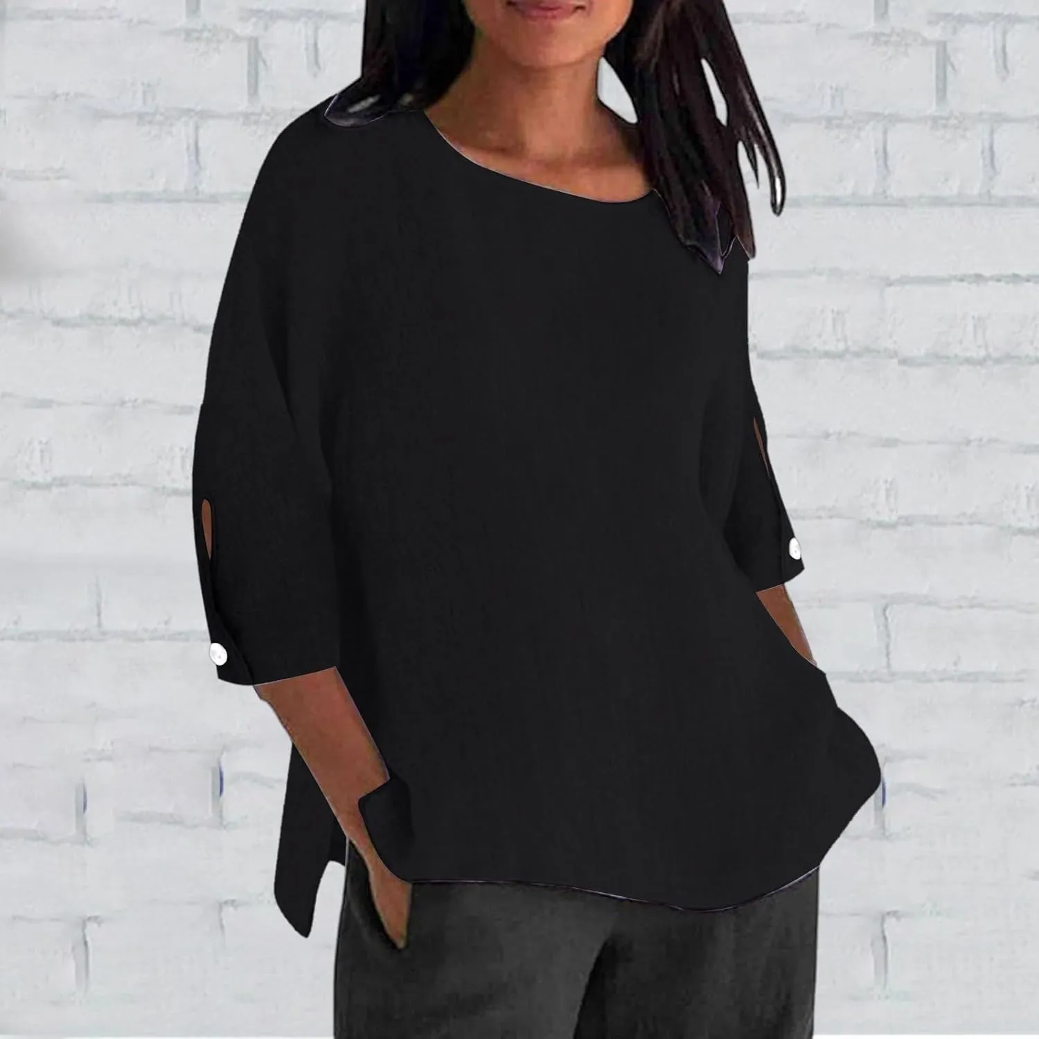 Summer Womens Linen Shirts Solid Color Casual 3/4 Sleeve Loose Tops Beach Vacation Daily Blouses for Women Dressy Casual