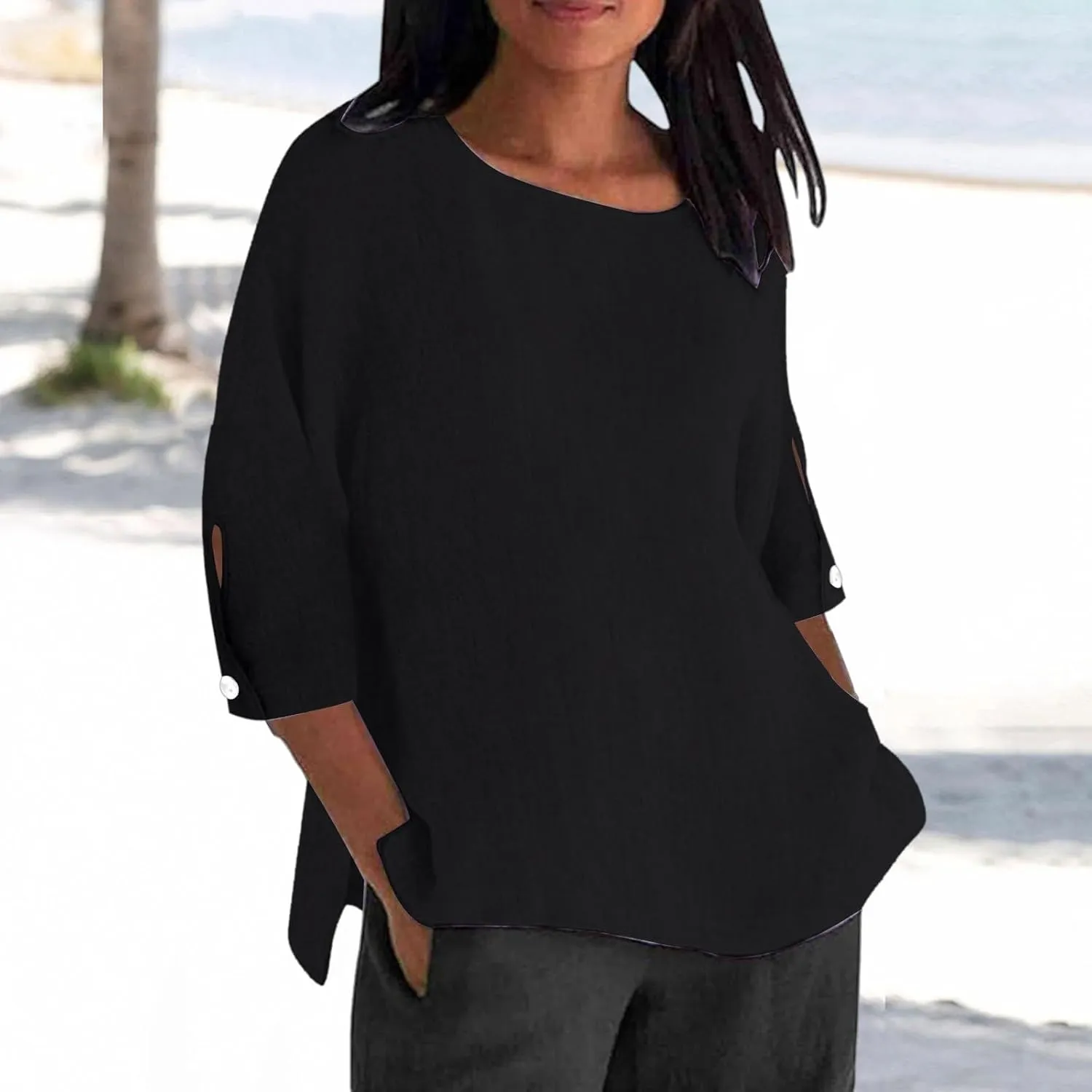 Summer Womens Linen Shirts Solid Color Casual 3/4 Sleeve Loose Tops Beach Vacation Daily Blouses for Women Dressy Casual