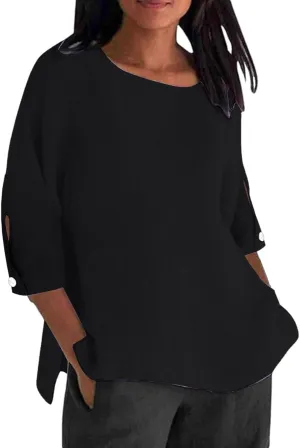 Summer Womens Linen Shirts Solid Color Casual 3/4 Sleeve Loose Tops Beach Vacation Daily Blouses for Women Dressy Casual