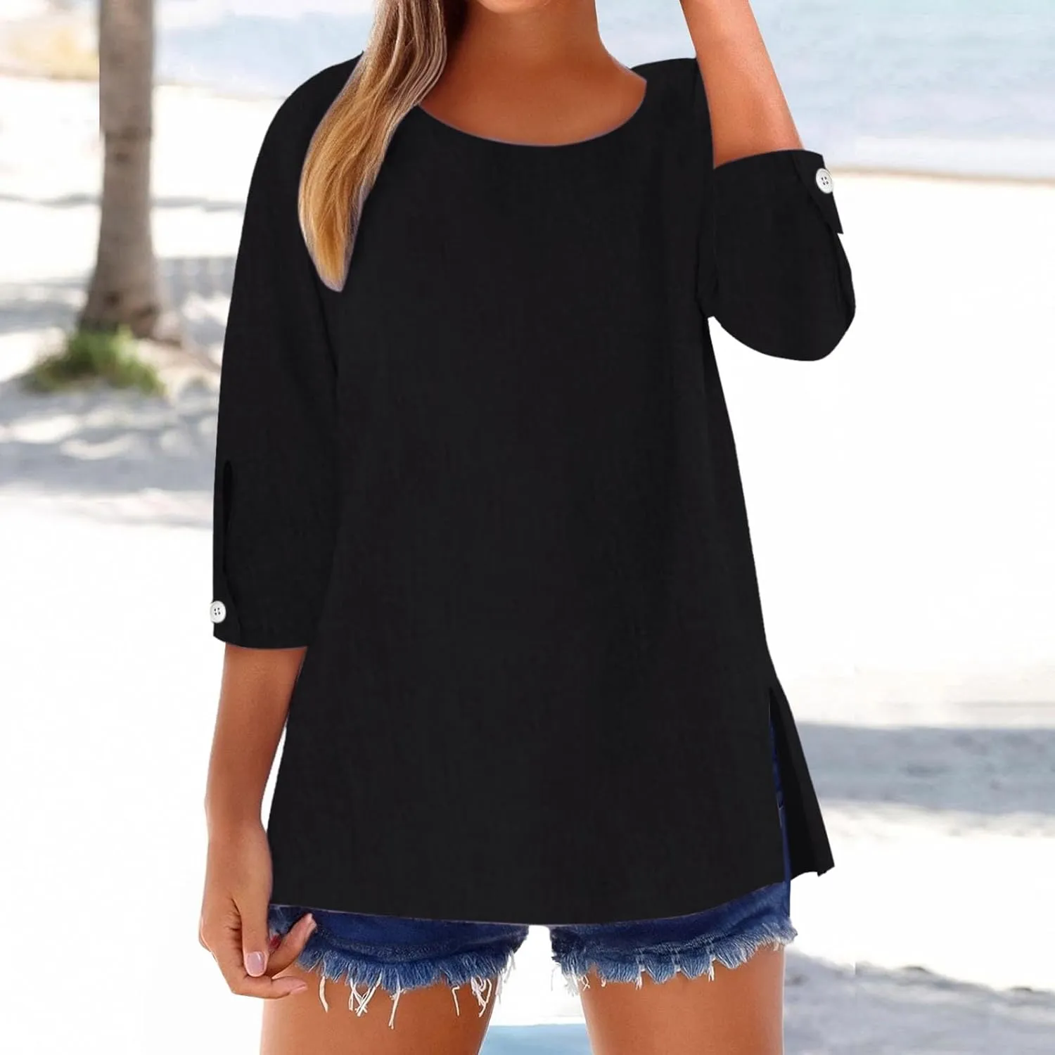 Summer Womens Linen Shirts Solid Color Casual 3/4 Sleeve Loose Tops Beach Vacation Daily Blouses for Women Dressy Casual