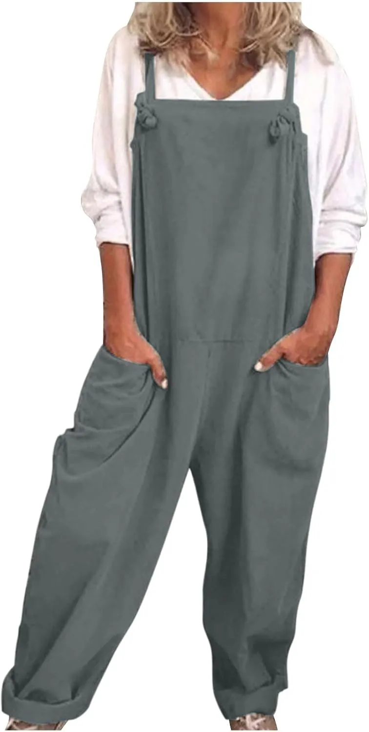 TANGNADE Women Cotton Linen Jumpsuits 2025 Casual Summer Overalls with Pocket Baggy Loose Maternity Romper Outfits