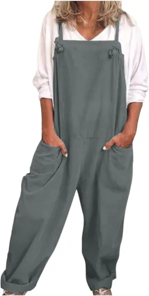 TANGNADE Women Cotton Linen Jumpsuits 2025 Casual Summer Overalls with Pocket Baggy Loose Maternity Romper Outfits