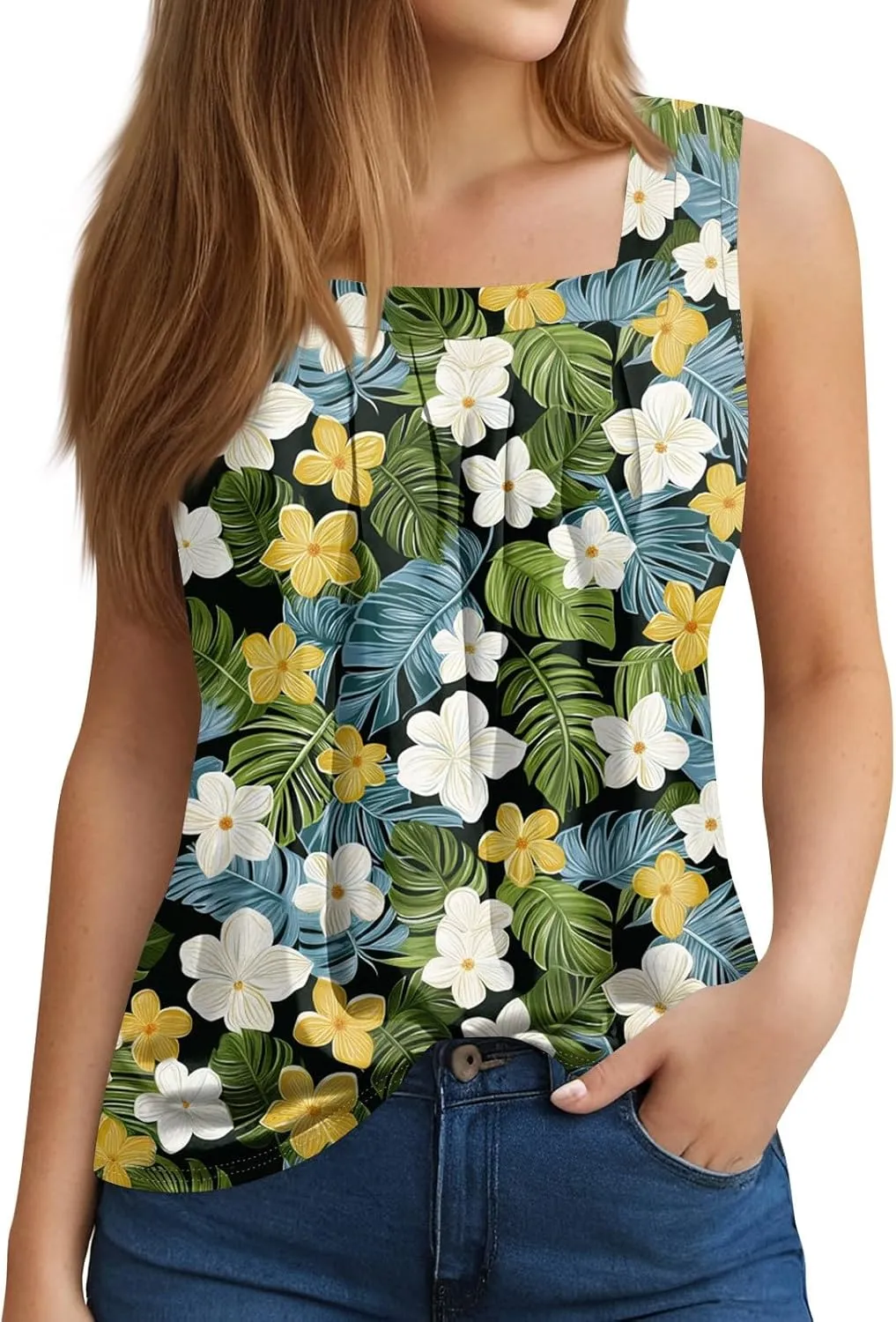Tank Tops for Women 2025 Summer Outfits Loose Fit Pleated Square Neck Sleeveless Tops Casual Tunic Blouses