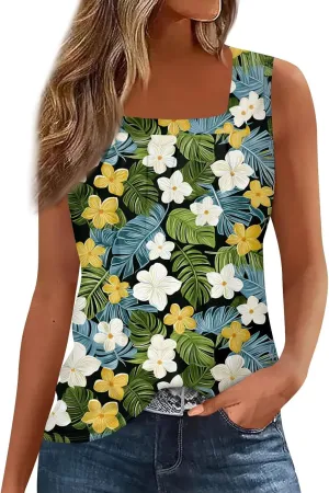 Tank Tops for Women 2025 Summer Outfits Loose Fit Pleated Square Neck Sleeveless Tops Casual Tunic Blouses