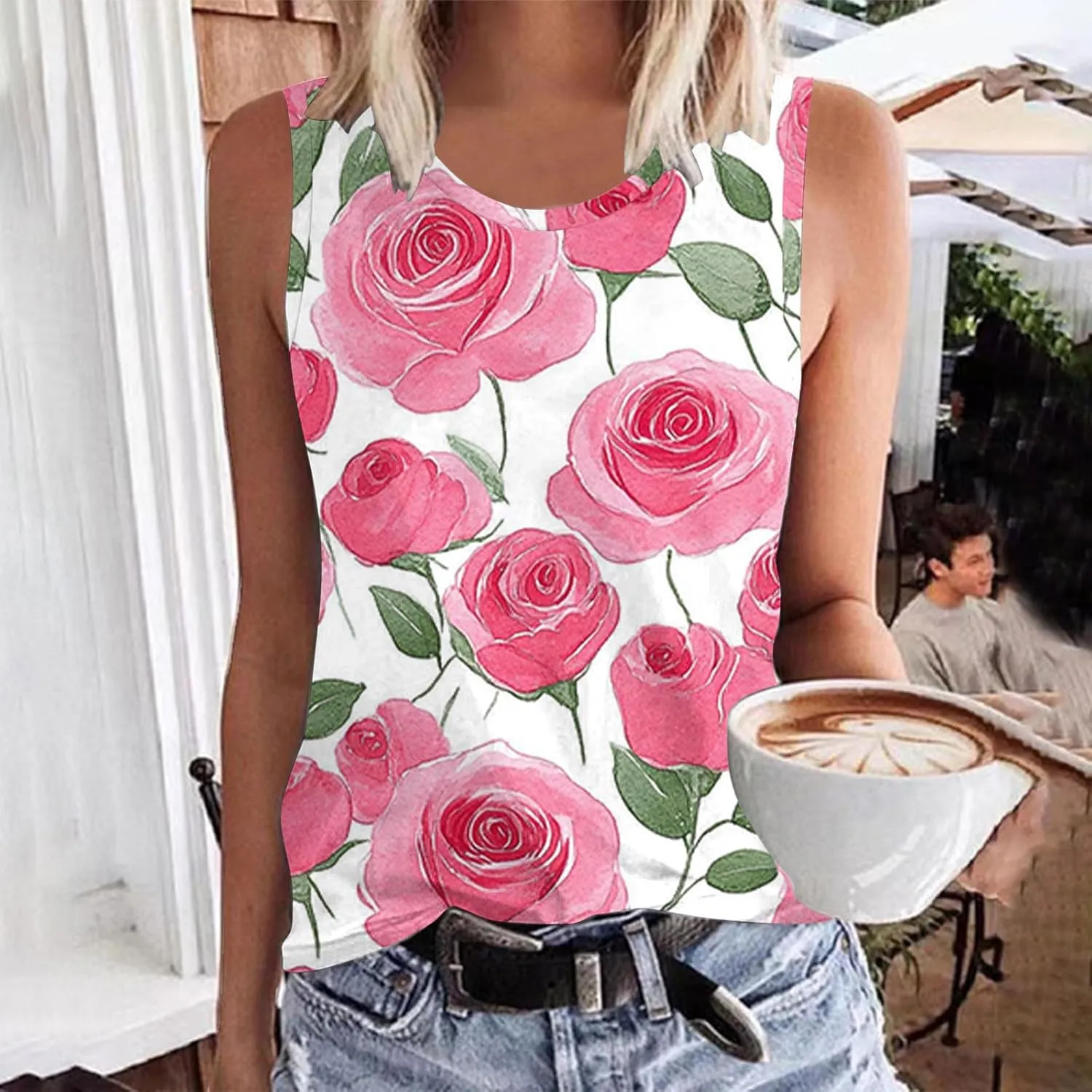 Tank Tops for Women Floral Print Sleeveless Crewneck Loose Fit Summer Tunic Tops Casual Vacation Beach Shirts