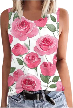 Tank Tops for Women Floral Print Sleeveless Crewneck Loose Fit Summer Tunic Tops Casual Vacation Beach Shirts