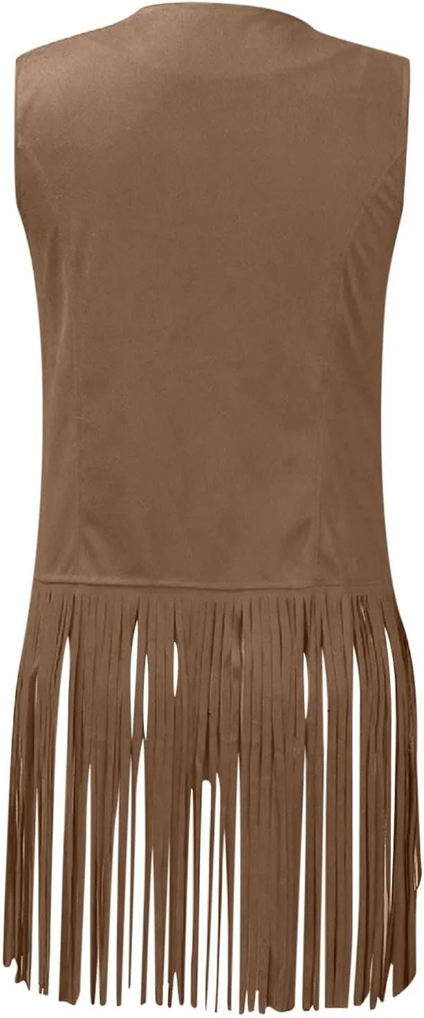 Tassel Sleeveless Vest for Women 70s Hippie Faux Suede Fringe Jacket Open Front Gilet Cardigan Vintage Boho Waistcoat