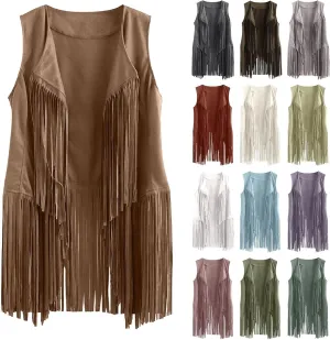 Tassel Sleeveless Vest for Women 70s Hippie Faux Suede Fringe Jacket Open Front Gilet Cardigan Vintage Boho Waistcoat
