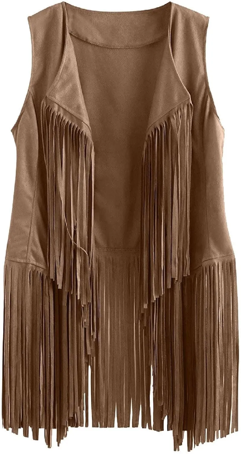 Tassel Sleeveless Vest for Women 70s Hippie Faux Suede Fringe Jacket Open Front Gilet Cardigan Vintage Boho Waistcoat
