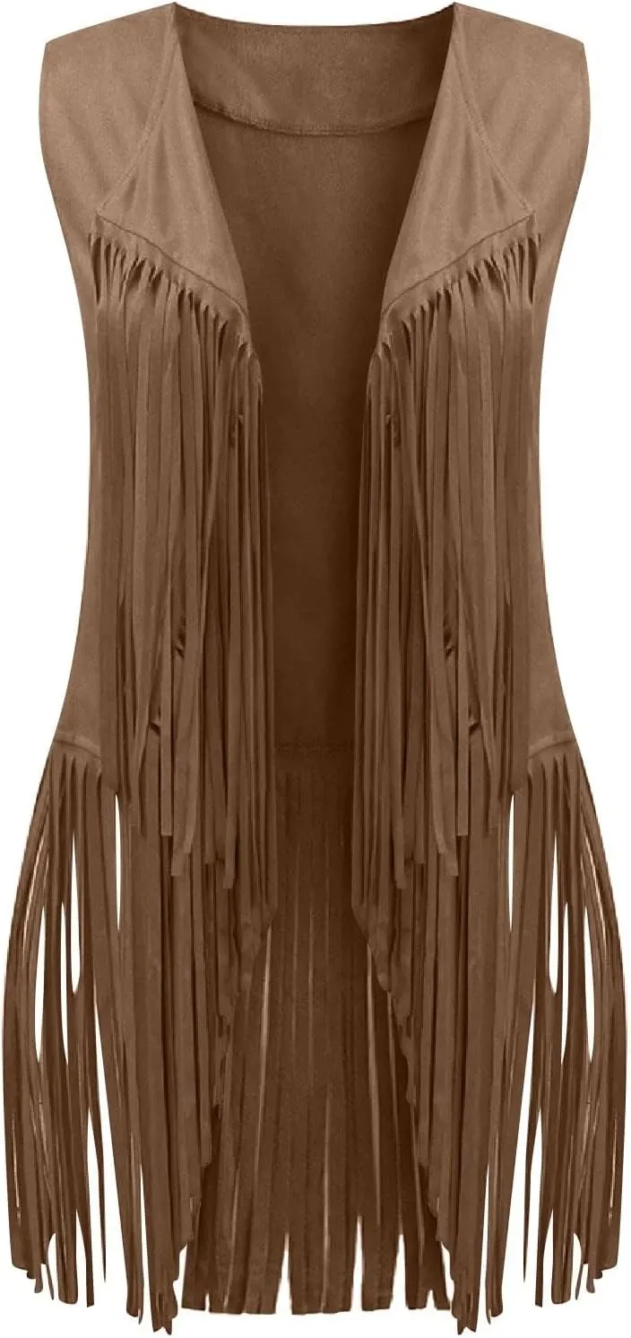 Tassel Sleeveless Vest for Women 70s Hippie Faux Suede Fringe Jacket Open Front Gilet Cardigan Vintage Boho Waistcoat