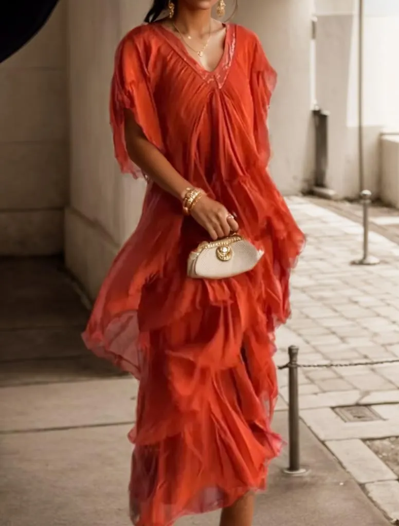 TIAFORD Women Casual Boho Maxi Dress Summer Short Sleeve V Neck Tiered Layered Irregular Loose Flowy Wedding Guest Long Dress