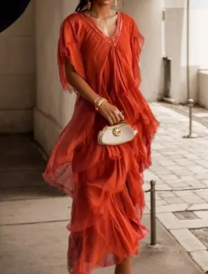 TIAFORD Women Casual Boho Maxi Dress Summer Short Sleeve V Neck Tiered Layered Irregular Loose Flowy Wedding Guest Long Dress