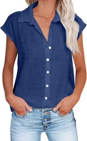 Tops for Women Casual Summer Comfy Linen Shirt Short Sleleve T-Shirts Button up Blouses Business Office Dressy Blouse