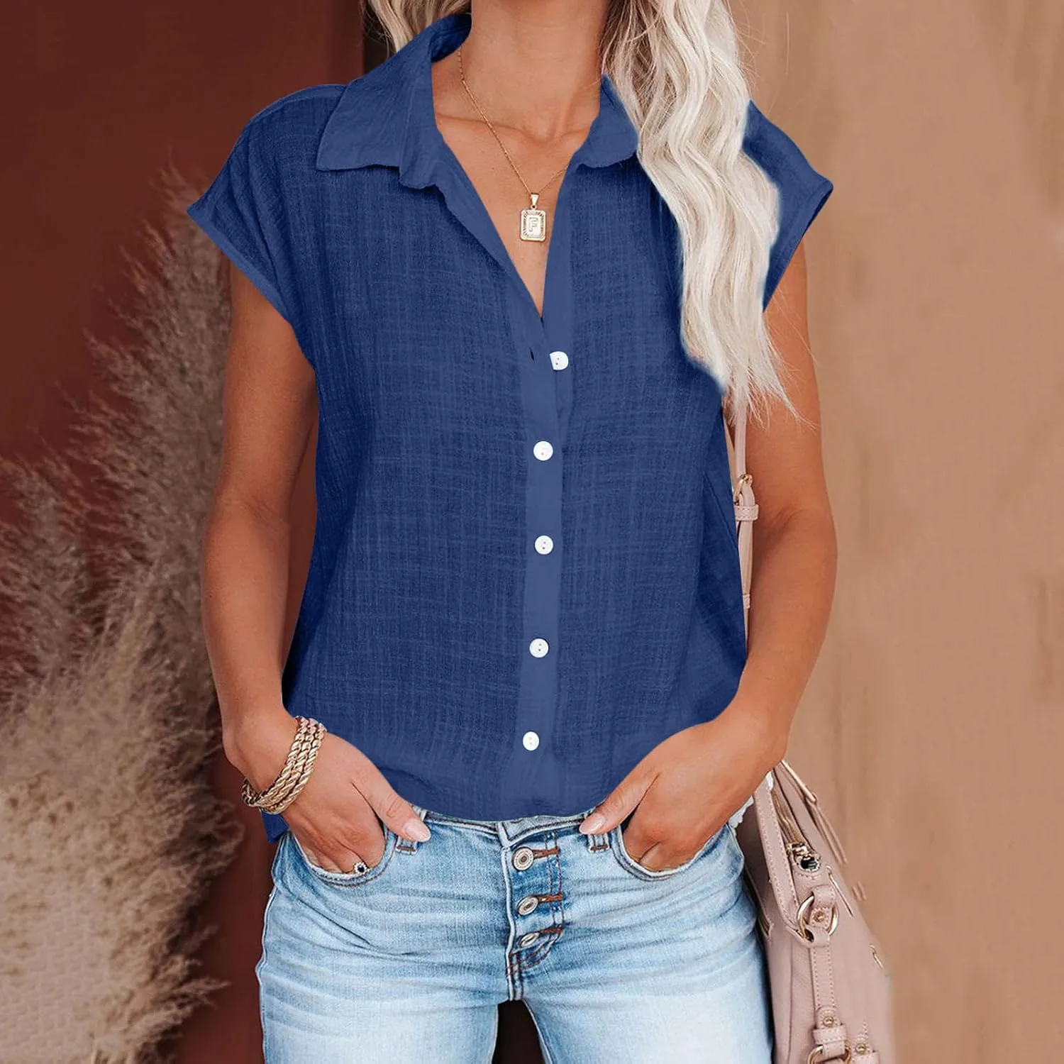Tops for Women Casual Summer Comfy Linen Shirt Short Sleleve T-Shirts Button up Blouses Business Office Dressy Blouse