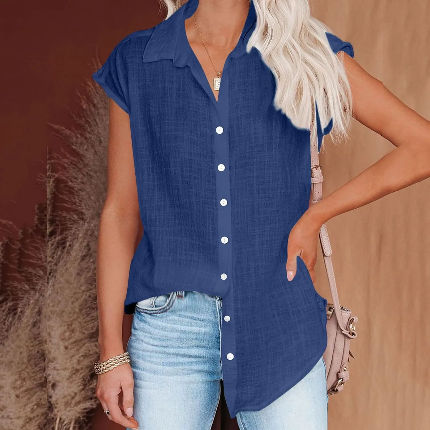 Tops for Women Casual Summer Comfy Linen Shirt Short Sleleve T-Shirts Button up Blouses Business Office Dressy Blouse