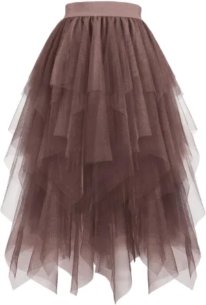 Tulle Skirts for Women Midi Mesh Dance Skirts Elastic Waist Flowy Ballet Skirts Mesh Layered A Line Fairy Skirt