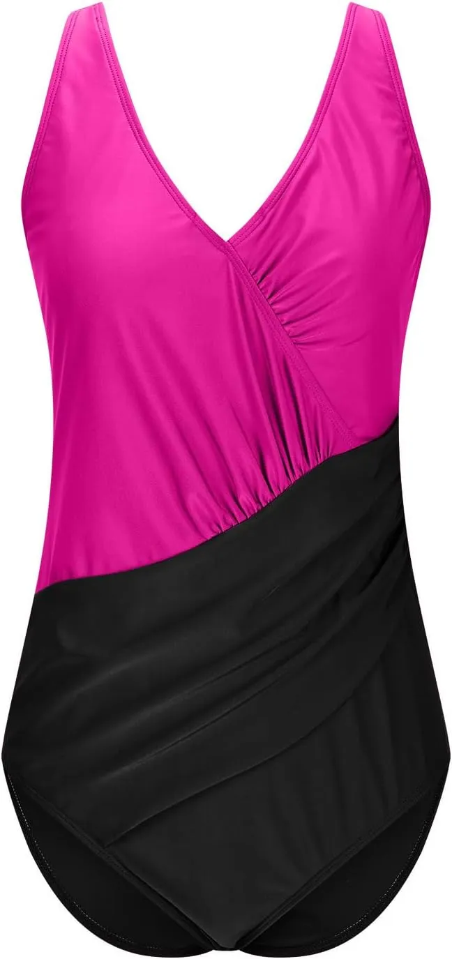 Tummy Control Swimsuits for Women Color Block One Piece Swimsuit Criss Cross V Neck Sexy Wrap Backless Bathing Suit