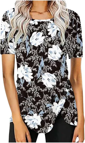 Tunic Tops for Women Loose Fit Dressy Short Sleeve Blouse Casual Floral Print T Shirt Summer Trendy Irregular Hem Tee