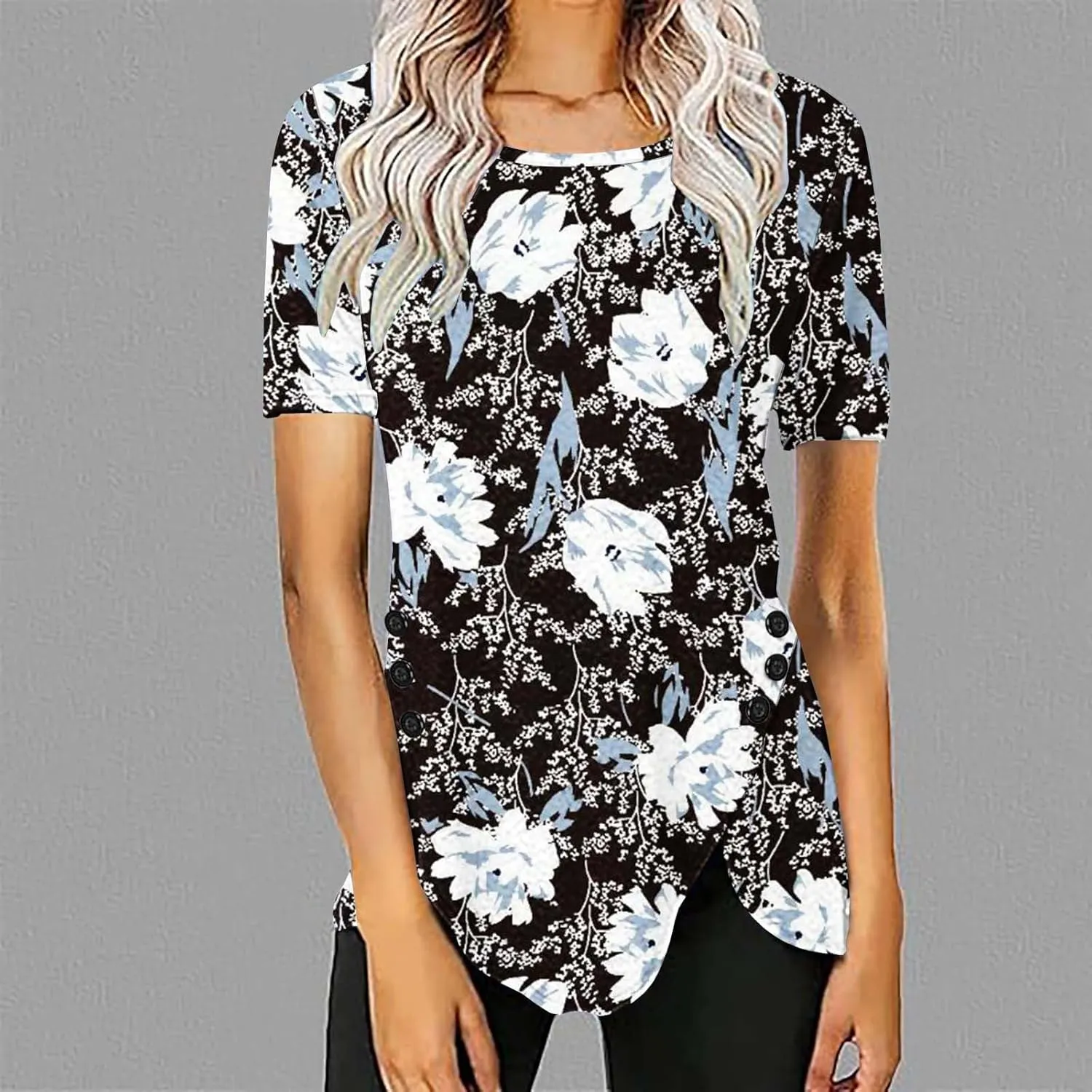Tunic Tops for Women Loose Fit Dressy Short Sleeve Blouse Casual Floral Print T Shirt Summer Trendy Irregular Hem Tee