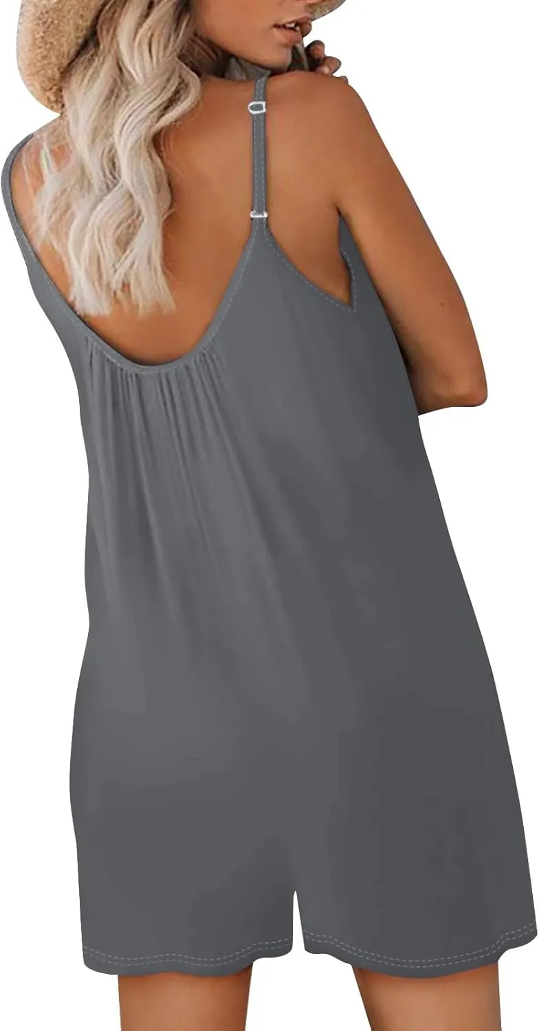 Vacation Outfits for Women Sexy Sleeveless Adjustable Spaghetti Straps Summer Rompers Wide Leg Shorts Beach Jumpsuits