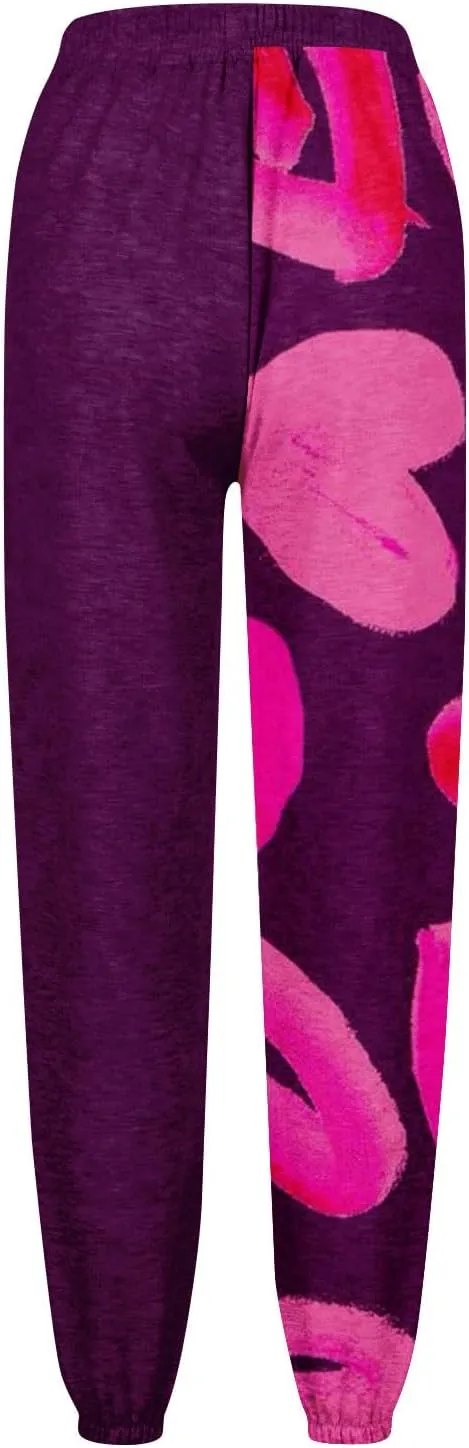 Valentines Sweatpant for Women Love Heart Printed Baggy Pants Elastic Waist Joggers Casual Loose Trousers Bottoms