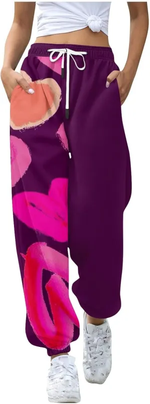 Valentines Sweatpant for Women Love Heart Printed Baggy Pants Elastic Waist Joggers Casual Loose Trousers Bottoms