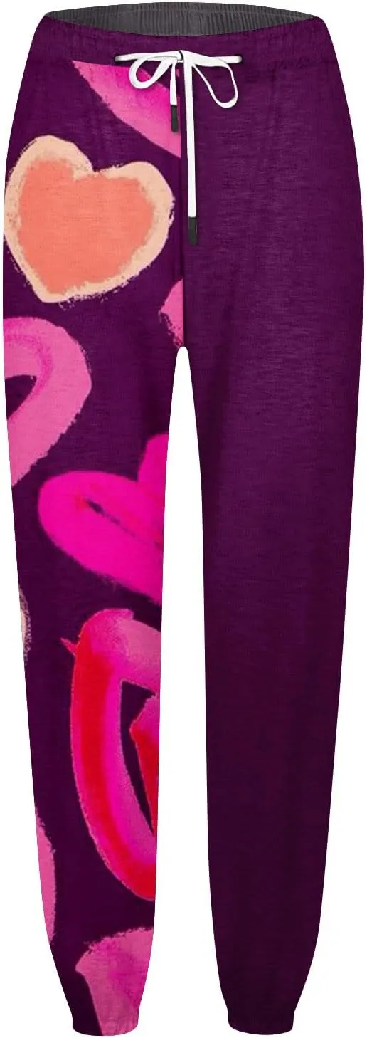 Valentines Sweatpant for Women Love Heart Printed Baggy Pants Elastic Waist Joggers Casual Loose Trousers Bottoms