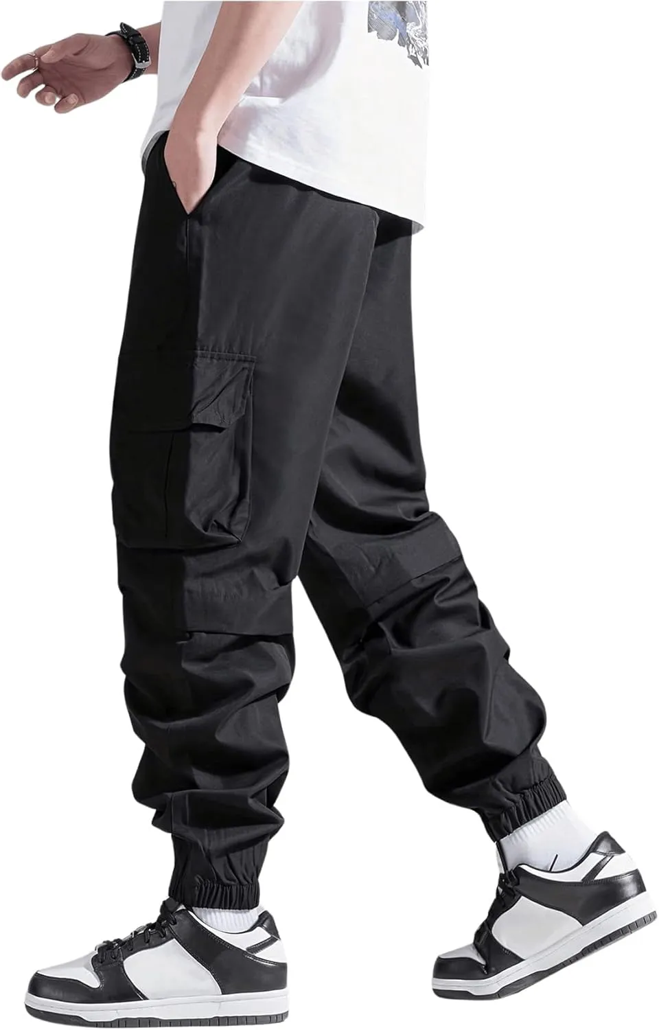 Verdusa Men's Cargo Pants Elastic Wasit Workout Joggers Tactical Pro Club Sweat Bottoms with Pockets