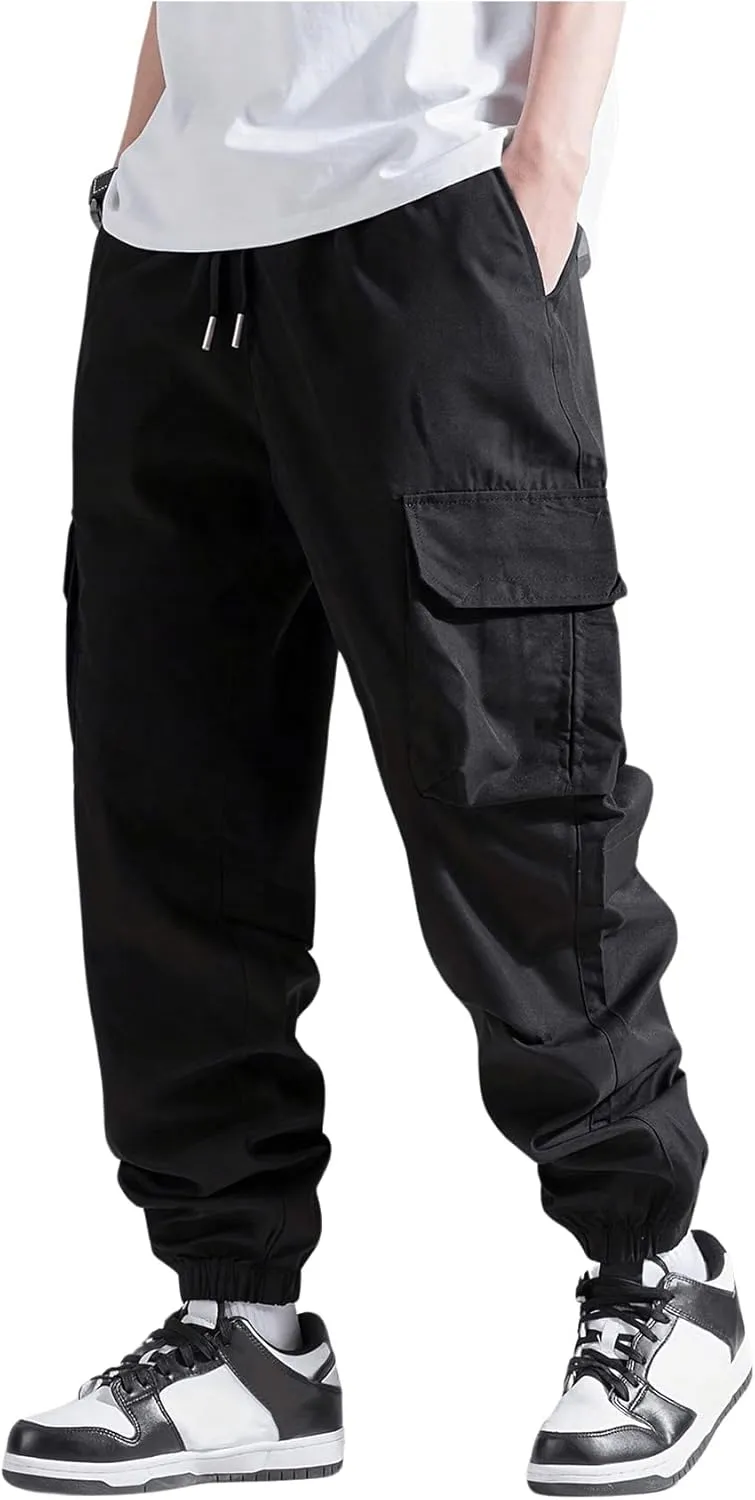 Verdusa Men's Cargo Pants Elastic Wasit Workout Joggers Tactical Pro Club Sweat Bottoms with Pockets