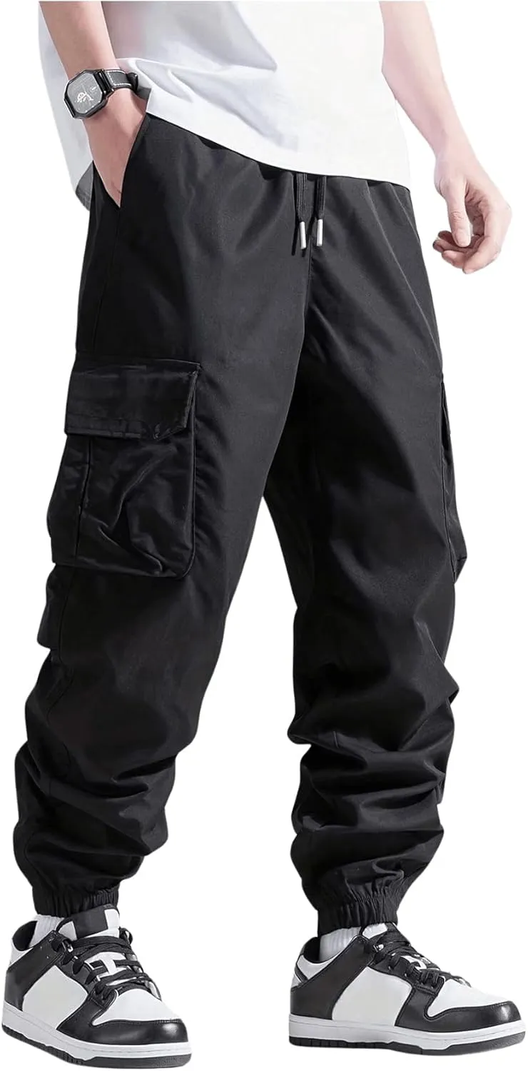 Verdusa Men's Cargo Pants Elastic Wasit Workout Joggers Tactical Pro Club Sweat Bottoms with Pockets