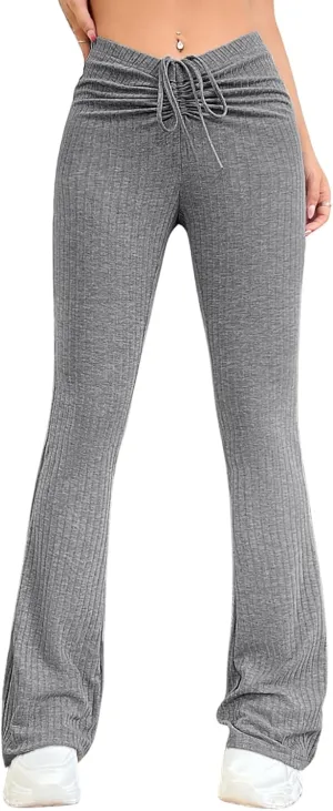 Verdusa Women's Ruched Flare Wide Leg Yoga Scrub Lounge Pants Drawstring High Waisted Knitted Bell Bottoms