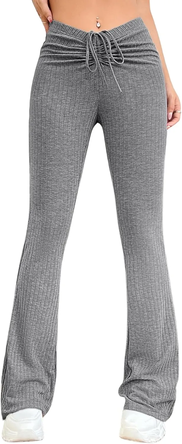 Verdusa Women's Ruched Flare Wide Leg Yoga Scrub Lounge Pants Drawstring High Waisted Knitted Bell Bottoms