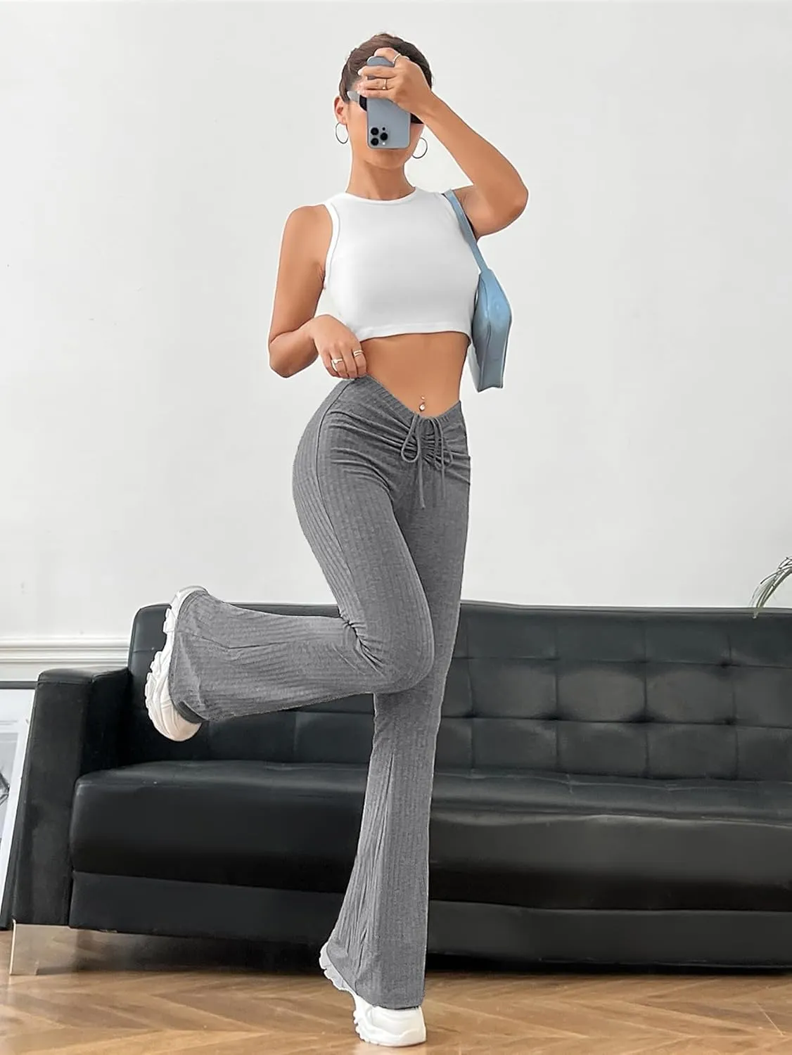 Verdusa Women's Ruched Flare Wide Leg Yoga Scrub Lounge Pants Drawstring High Waisted Knitted Bell Bottoms