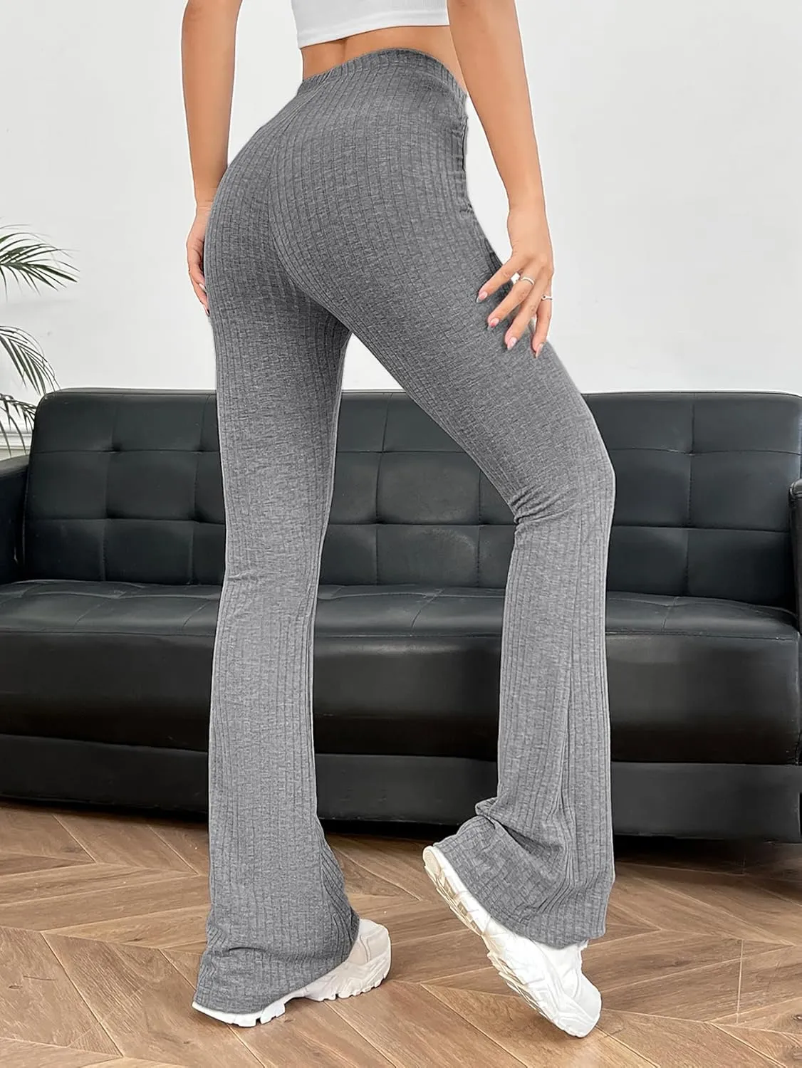 Verdusa Women's Ruched Flare Wide Leg Yoga Scrub Lounge Pants Drawstring High Waisted Knitted Bell Bottoms