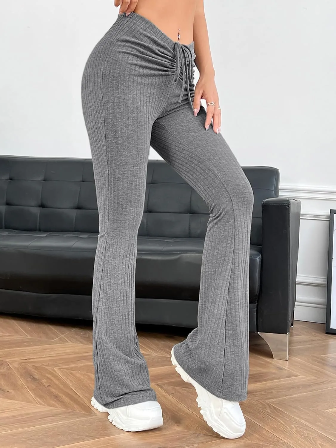 Verdusa Women's Ruched Flare Wide Leg Yoga Scrub Lounge Pants Drawstring High Waisted Knitted Bell Bottoms
