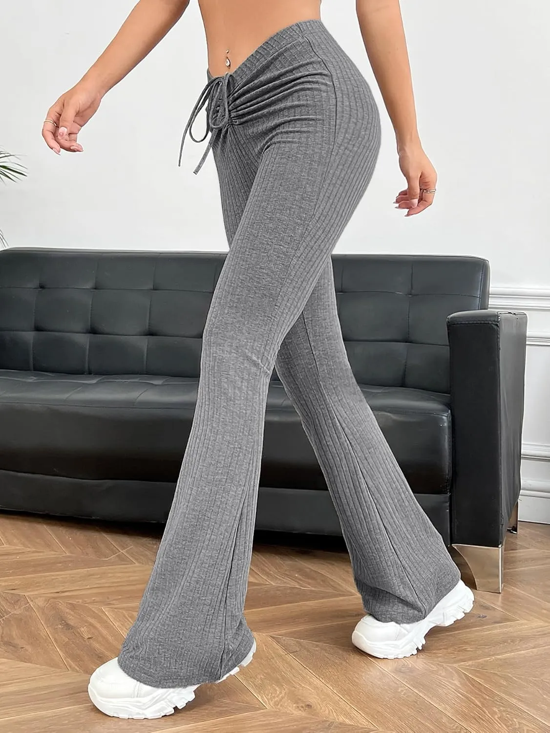 Verdusa Women's Ruched Flare Wide Leg Yoga Scrub Lounge Pants Drawstring High Waisted Knitted Bell Bottoms