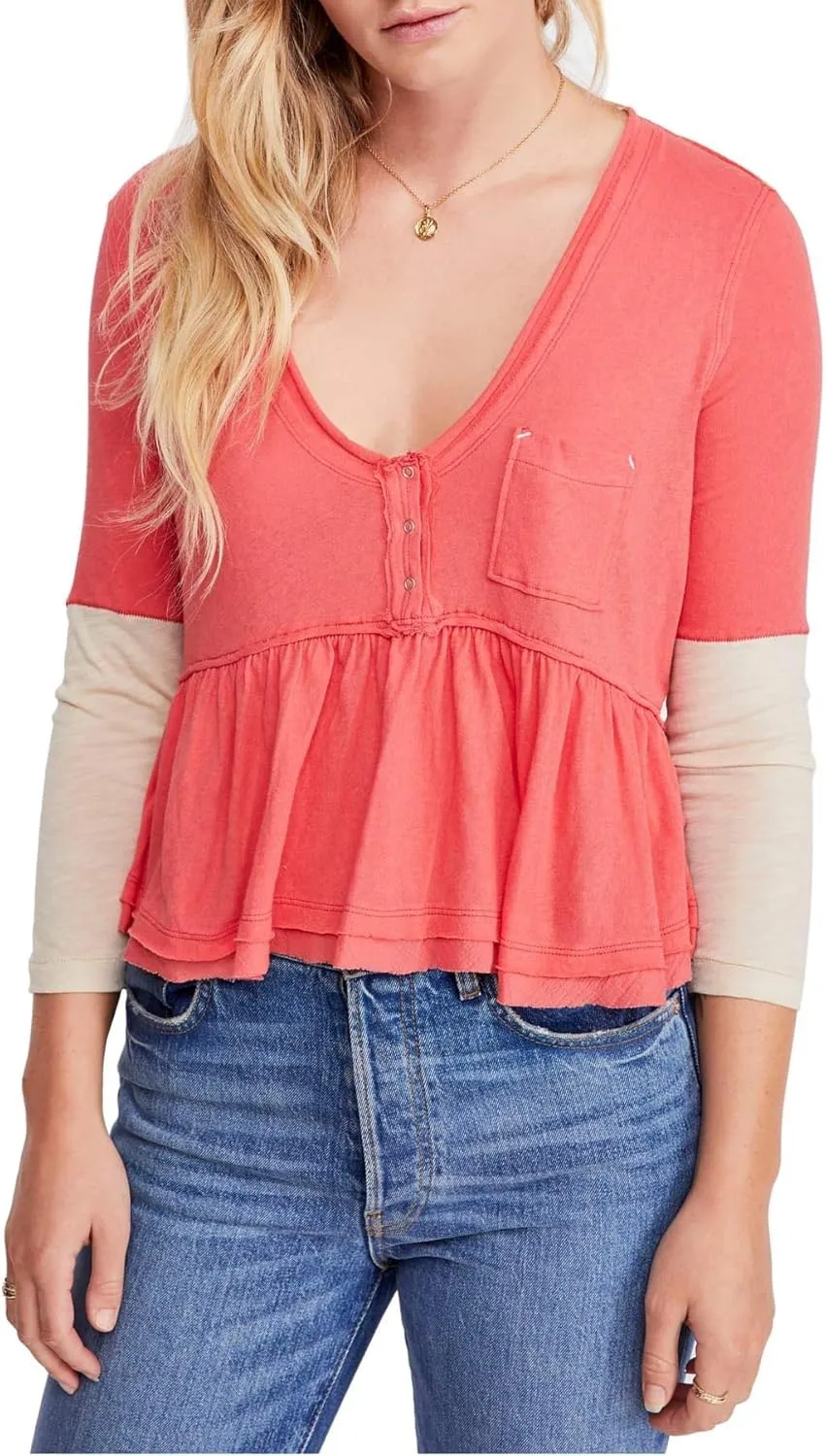 We The Free Womens Heart of Mine Cotton Peplum Pullover Top Pink XS