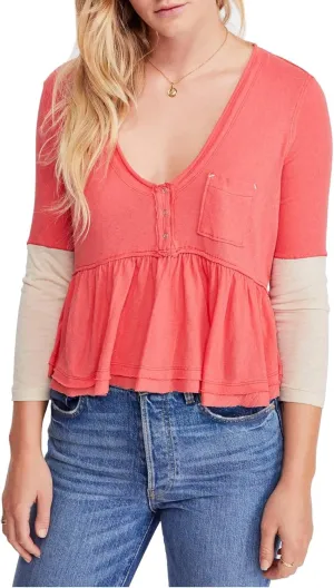 We The Free Womens Heart of Mine Cotton Peplum Pullover Top Pink XS