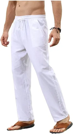 WENKOMG1 Cotton Linen Pants for Men Elastic Waist Drawstring Summer Casual Pajama Bottoms Lightweight Beach Pants