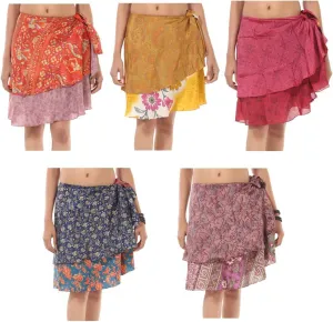 Wevez Wholesale lot of 5 Pcs Art Silk Reversible Short Wrap Around Skirt, Assorted