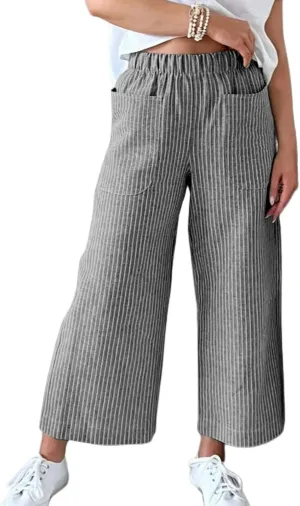 Wide Leg Linen Pants for Women High Waisted Trousers Casual Loose Straight Pant Elastic Waist Bottoms with Pockets
