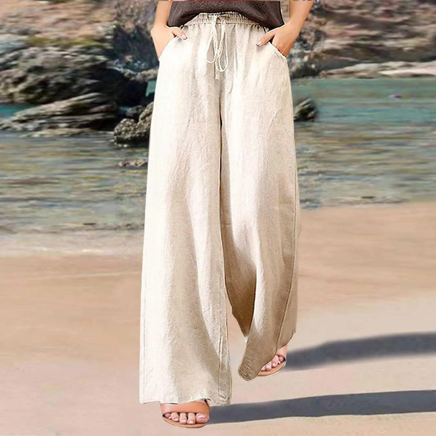 Wide Leg Pants for Women Linen High Waisted Drawstring Lounge Bottoms Casual Loose Summer Beach Trousers with Pockets