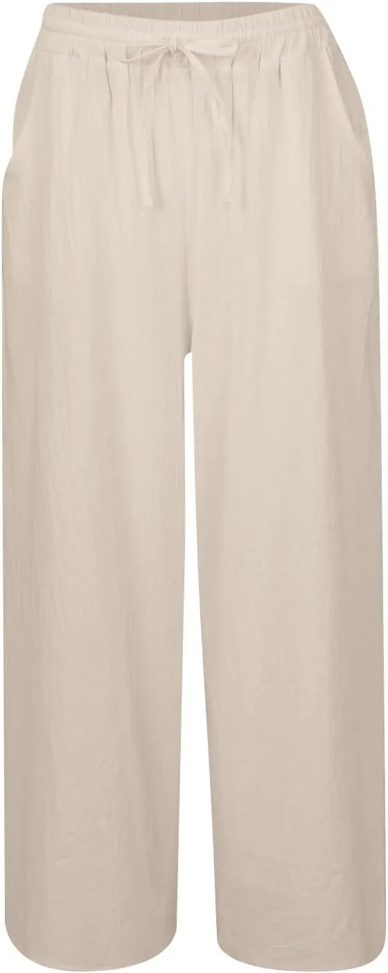 Wide Leg Pants for Women Linen High Waisted Drawstring Lounge Bottoms Casual Loose Summer Beach Trousers with Pockets