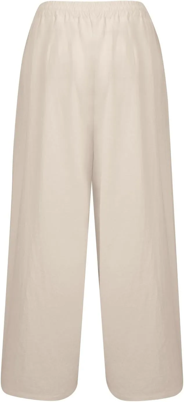 Wide Leg Pants for Women Linen High Waisted Drawstring Lounge Bottoms Casual Loose Summer Beach Trousers with Pockets