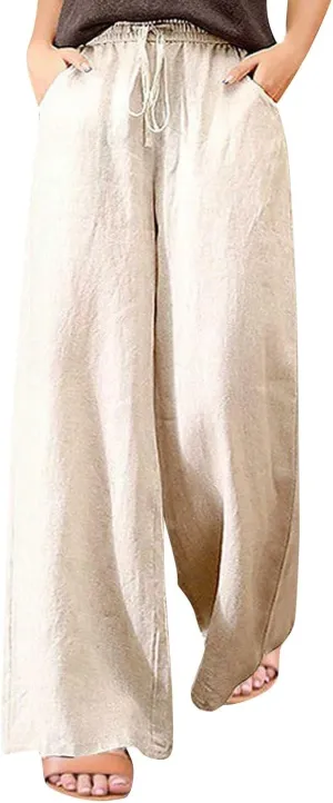 Wide Leg Pants for Women Linen High Waisted Drawstring Lounge Bottoms Casual Loose Summer Beach Trousers with Pockets