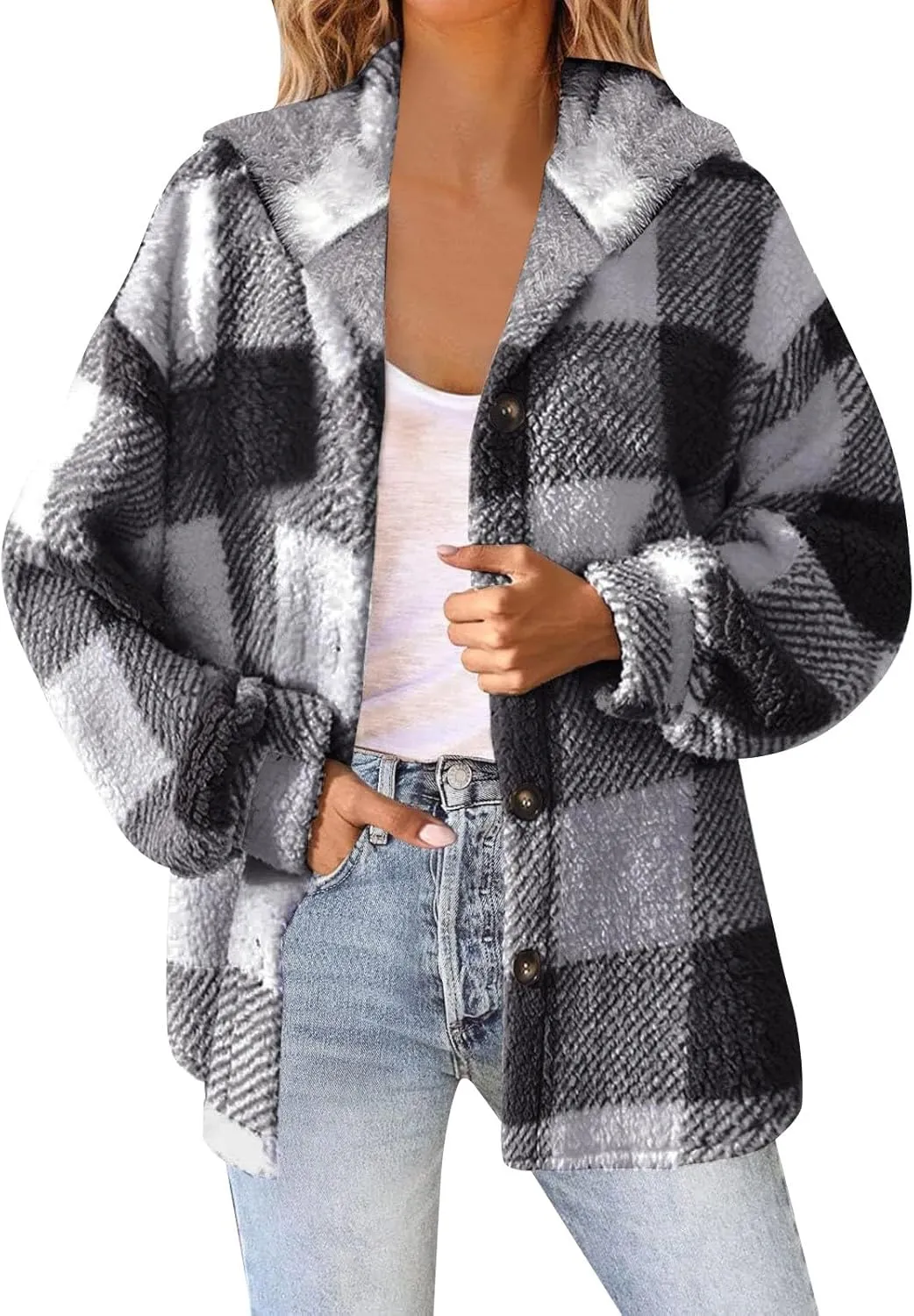 Winter Fleece Jacket for Women Zip Up Stand Collar Coats with Pockets Fleece Jacket Hooded Long Sleeve Outerwear